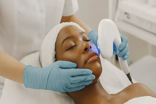 A lady receiving LED light therapy facial treatment at spa